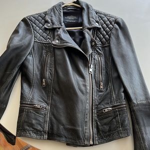 All Saints Distressed Washed Soft Leather Quilted Motorcycle Jacket Black